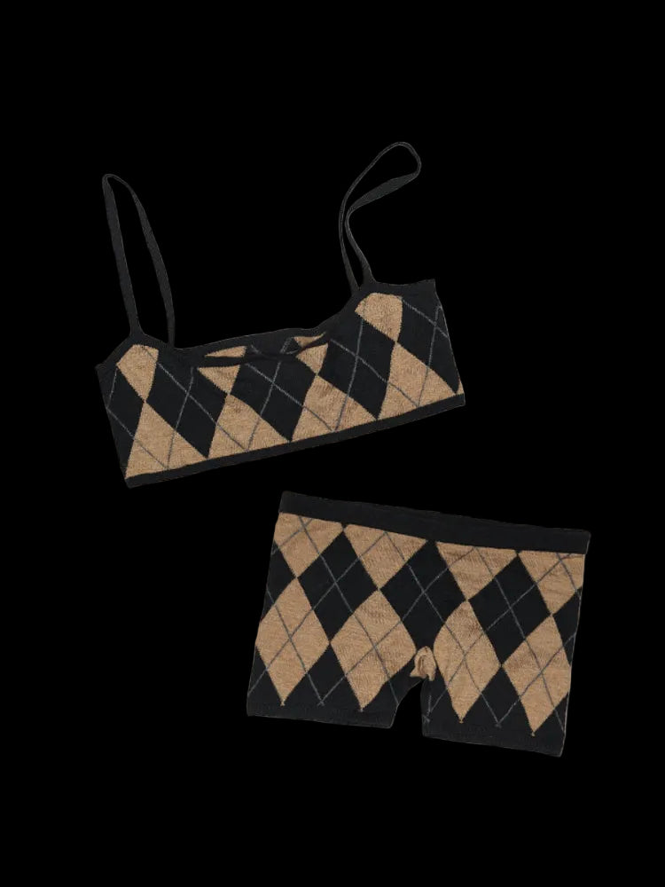 1JINN STUDIO Diamond Pattern Knitted Top &amp; Shorts Set – Brown Little Vest and Shorts