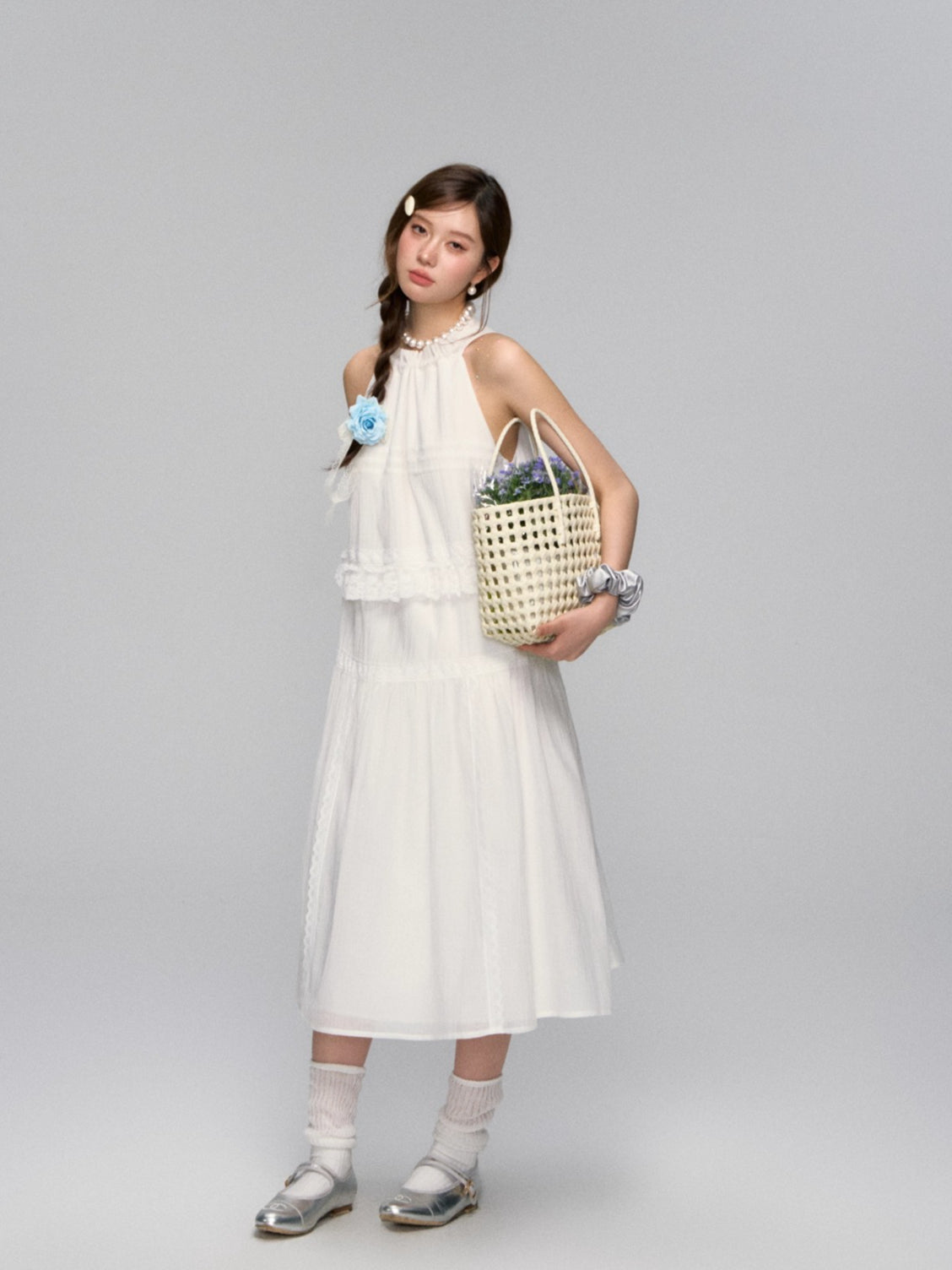 Halter Off-shoulder Lace-trimmed Dress