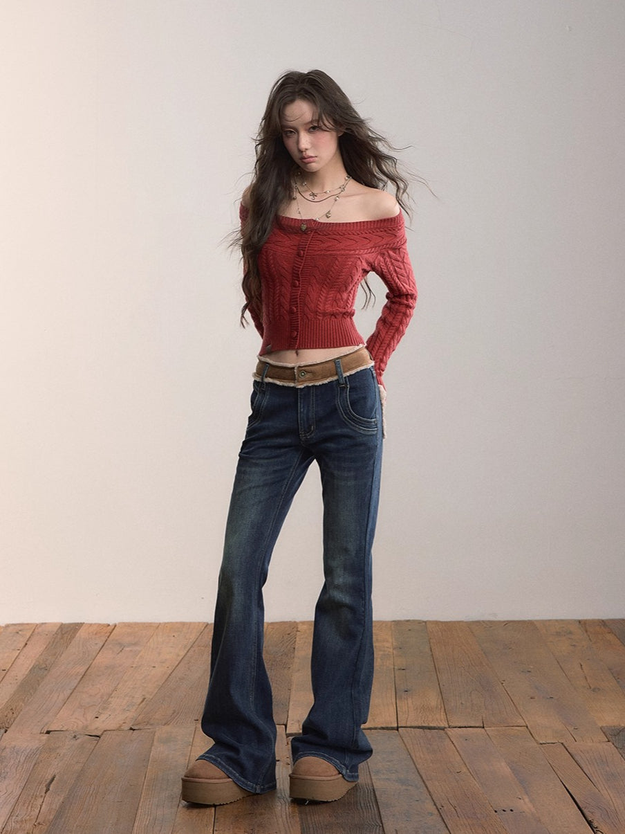 Off-Shoulder Cable Knit Cardigan