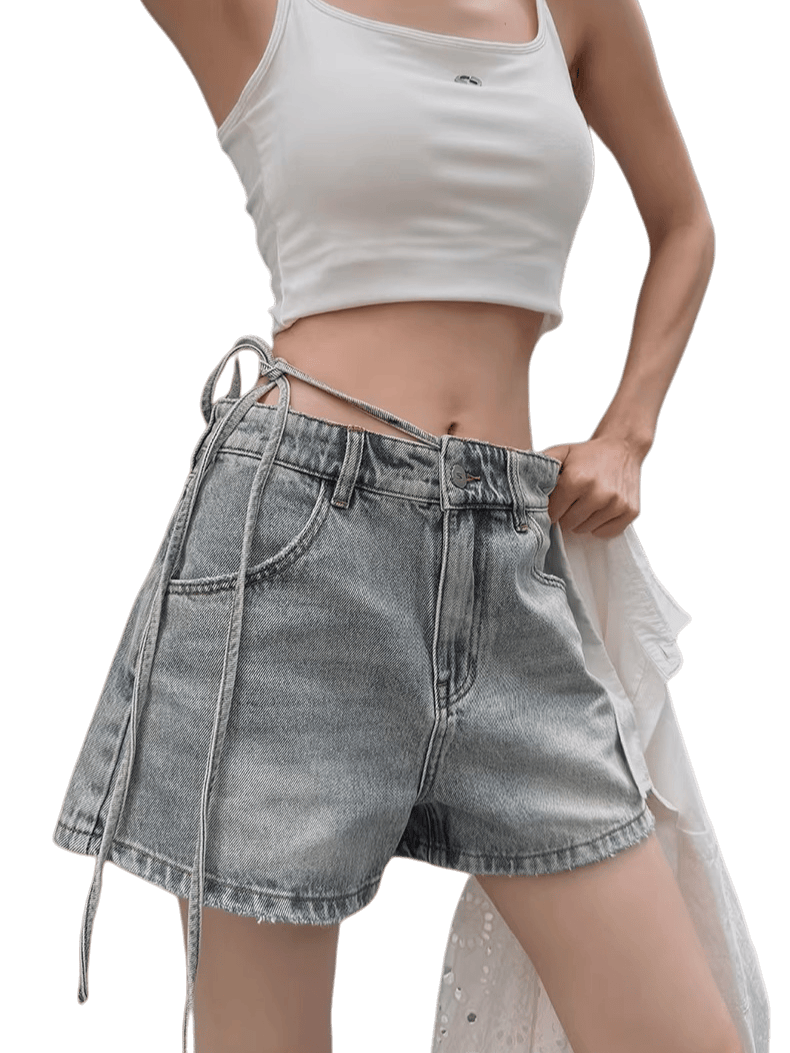 Tie-Waist Raw-Edge Vintage Denim Shorts