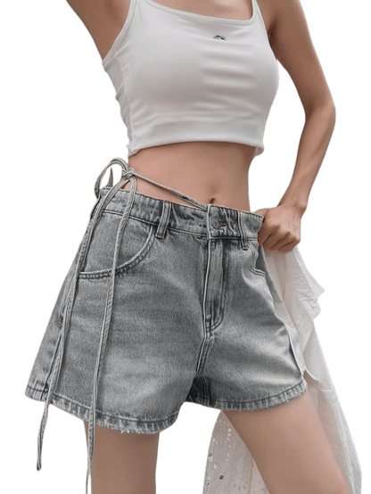 Tie-Waist Raw-Edge Vintage Denim Shorts