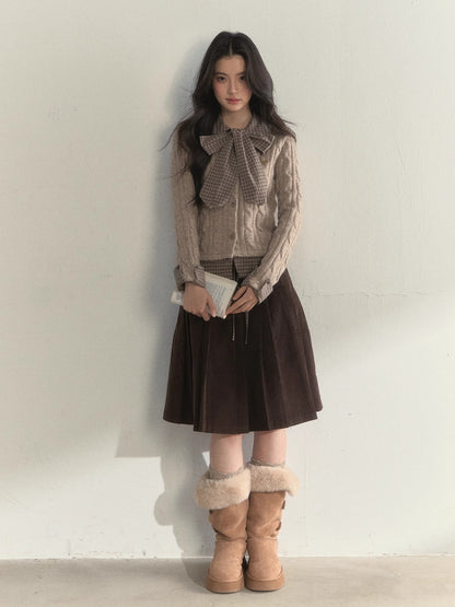 Retro Bow-Tie Preppy Layered Cable Knit Cardigan