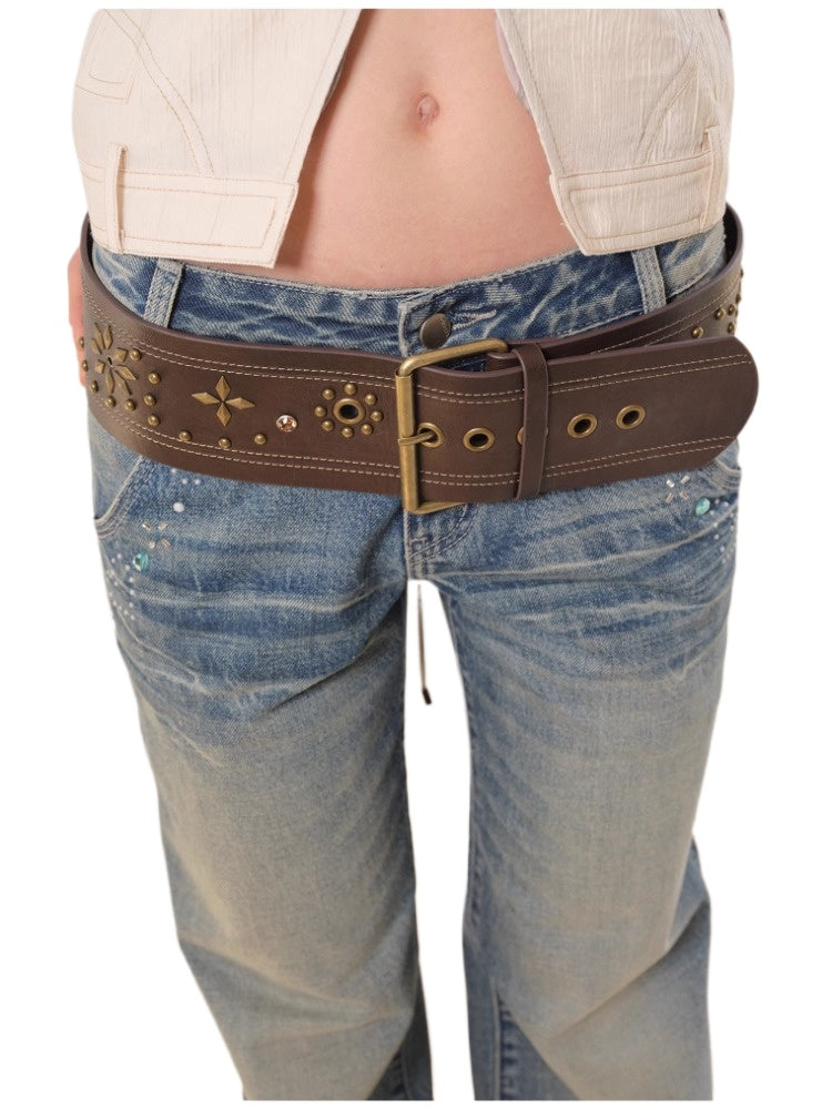 Punk Vintage Contrast Studded Rhinestone Wide Belt