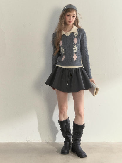 Vintage Argyle Cable Knit Layered Sweater