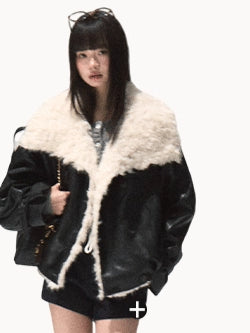 Shearling-Style Short Leather Jacket