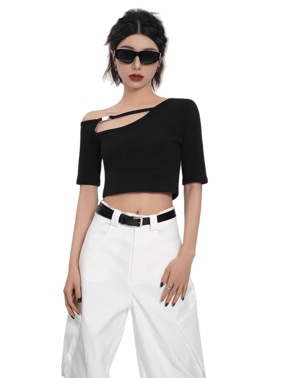 Asymmetric One-Shoulder Cropped Stretch T-Shirt