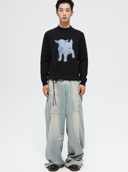 Splattered Wash Stripe Texture Workwear Denim Pants