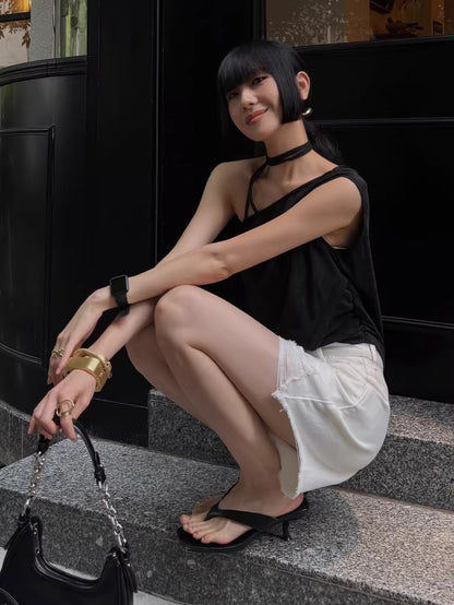 Raw-Hem A-Line Denim Shorts