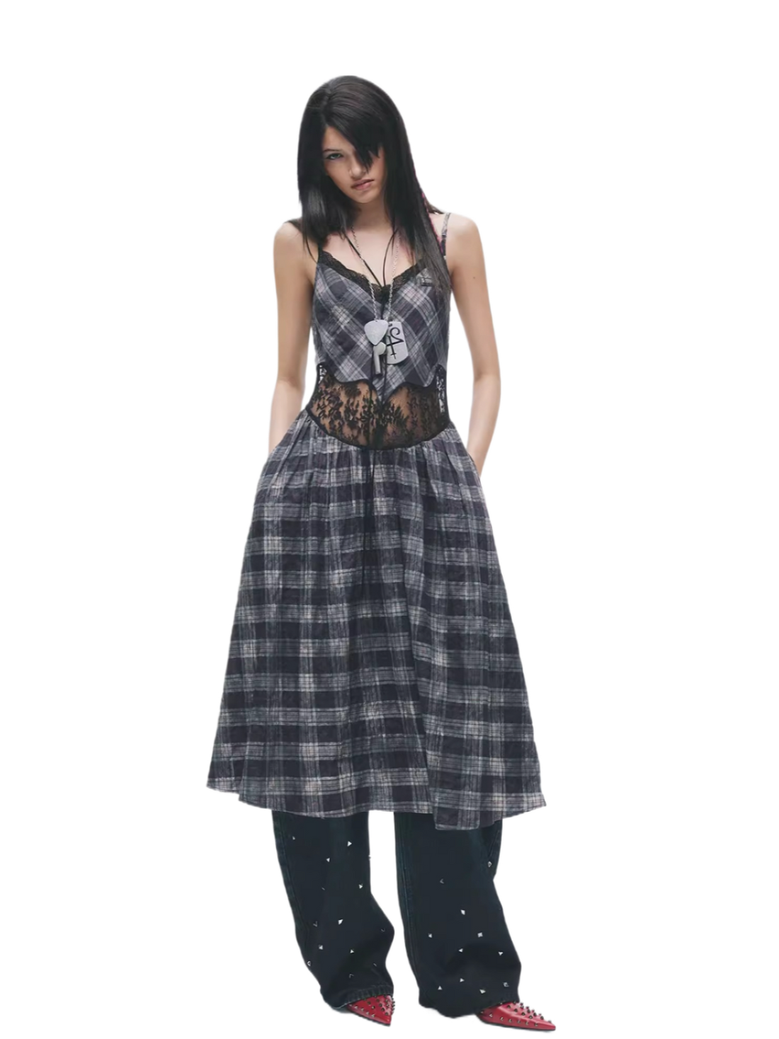 Grunge Plaid Lace Panel Slip Dress