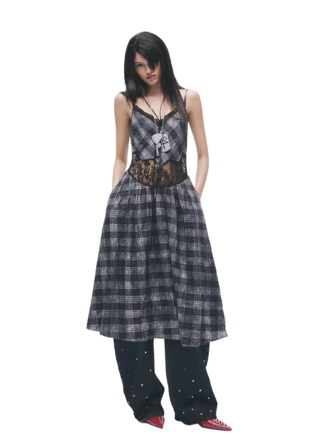 Grunge Plaid Lace Panel Slip Dress