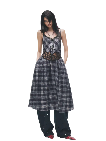 Grunge Plaid Lace Panel Slip Dress