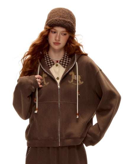 Embroidered Horse Beaded Zip-up Hoodie &amp; Pants Set