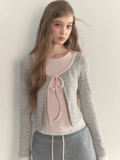 Striped &amp; Floral Design Layered Contrast Blouse