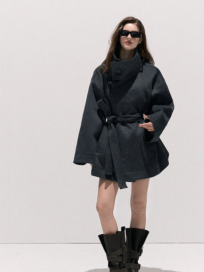Stand-Collar Pure Wool Tailored Coat