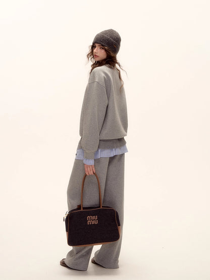 Patchwork Sweatshirt &amp; Curved-Hem Knit Pants Set