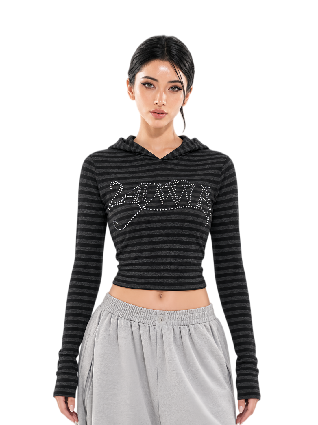 Rhinestone Cropped Hooded T-Shirt