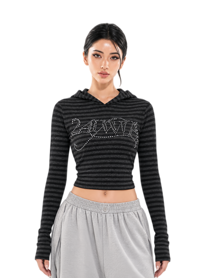 Rhinestone Cropped Hooded T-Shirt