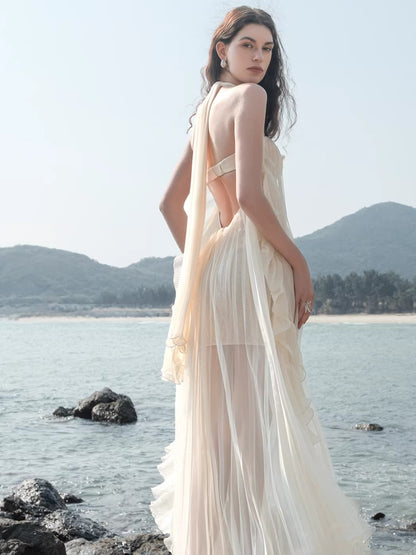 Mesh Halter Backless Strapless Maxi Dress