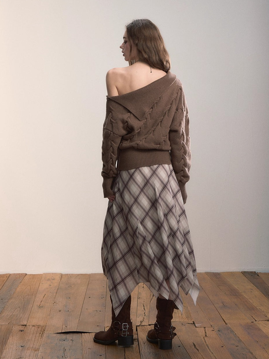 Asymmetric Off-Shoulder Cable Knit Sweater