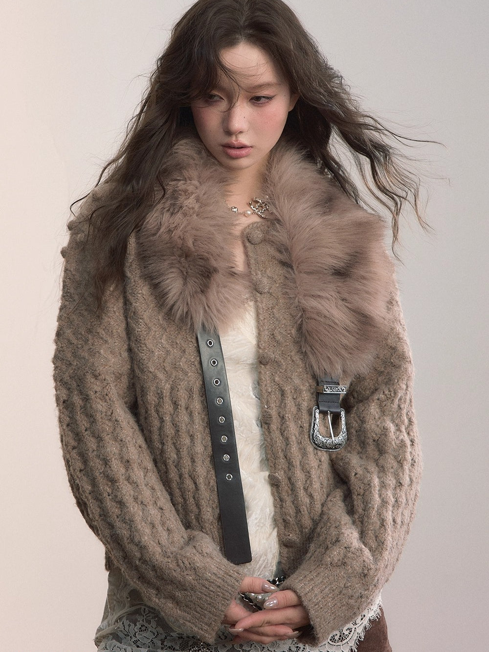 Textured Wool-Blend Cable Knit Cardigan