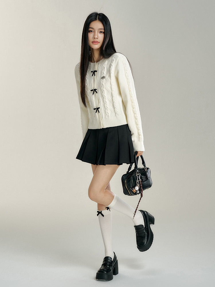 Bowknot Cable-Knit Round Neck Sweater