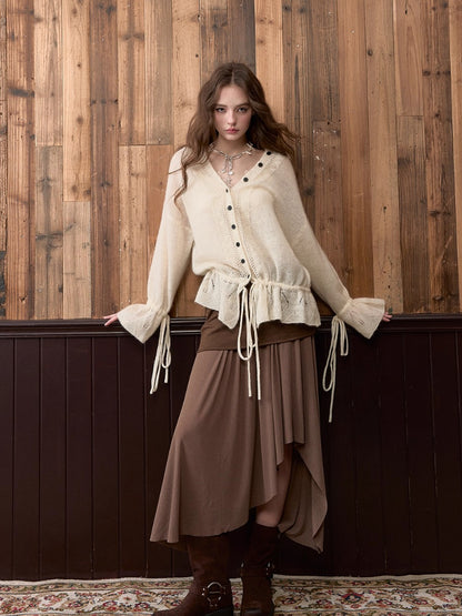 Drawstring Openwork Wool Knit Cardigan