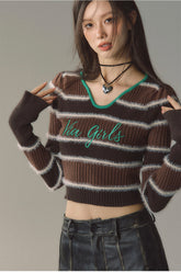 V-neck Striped Knitted Sweater - CHINASQUAD