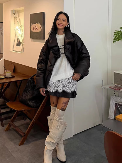 Oversized Leather-Texture Down Jacket