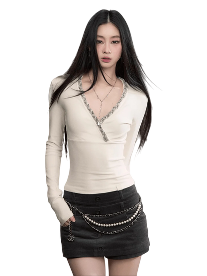 V-Neck Panelled Knit Long-Sleeve T-Shirt