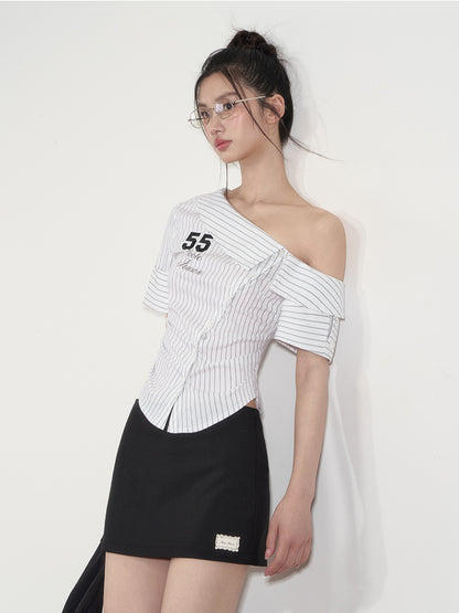 Pure-desire Asymmetric-shoulder Waist-cinching Blouse