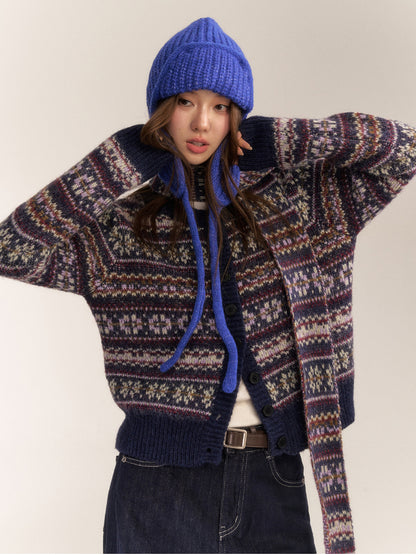 Fair Isle Wool Blend Lazy Style Knitted Cardigan