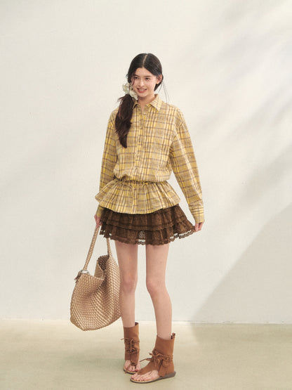 Ruffled Hem Waist-Cinching Checked Shirt - CHINASQUAD