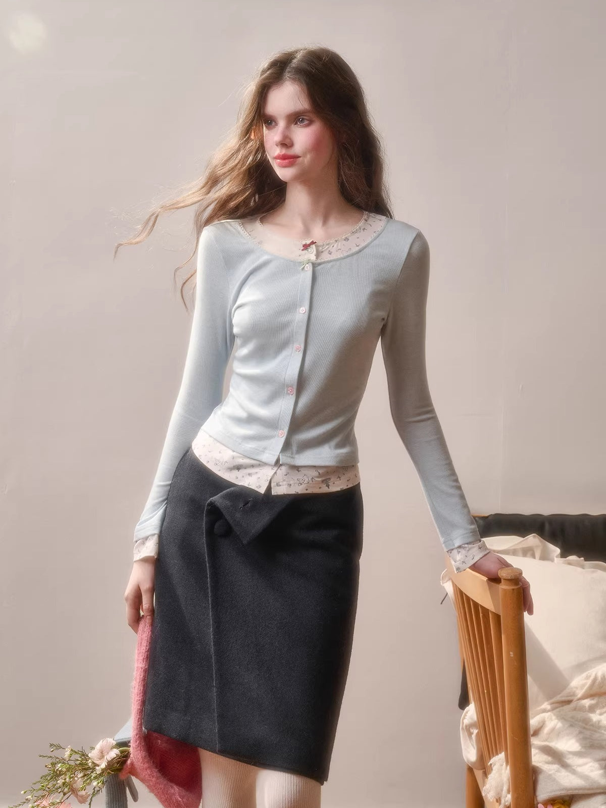 Cotton Layered-Effect Printed Cardigan