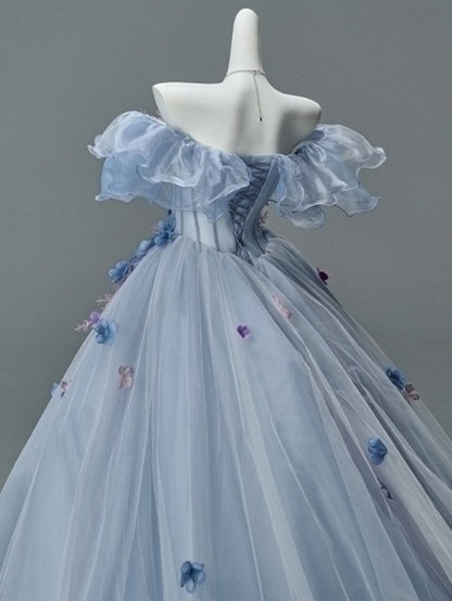 Off-Shoulder Floral Appliqué Tulle Couture Gown