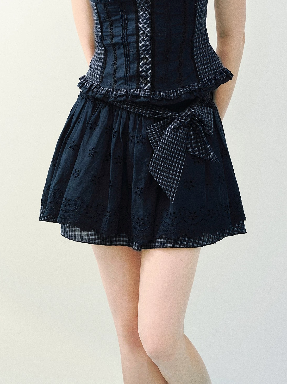 Vintage Plaid Lace Ribbon Two-Piece Set