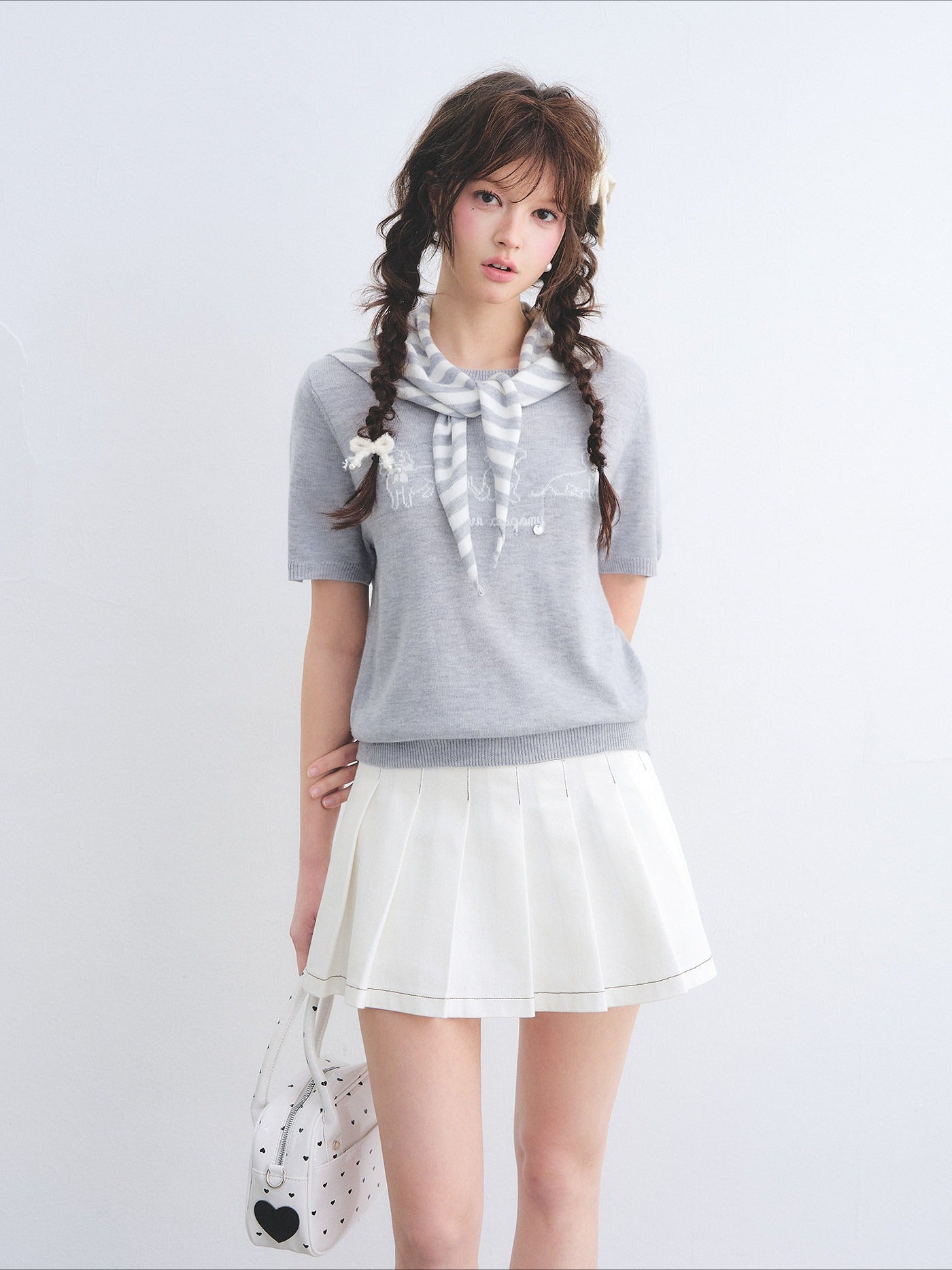 Wool-Blend Jacquard Knit Tee &amp; Striped Shoulder Set