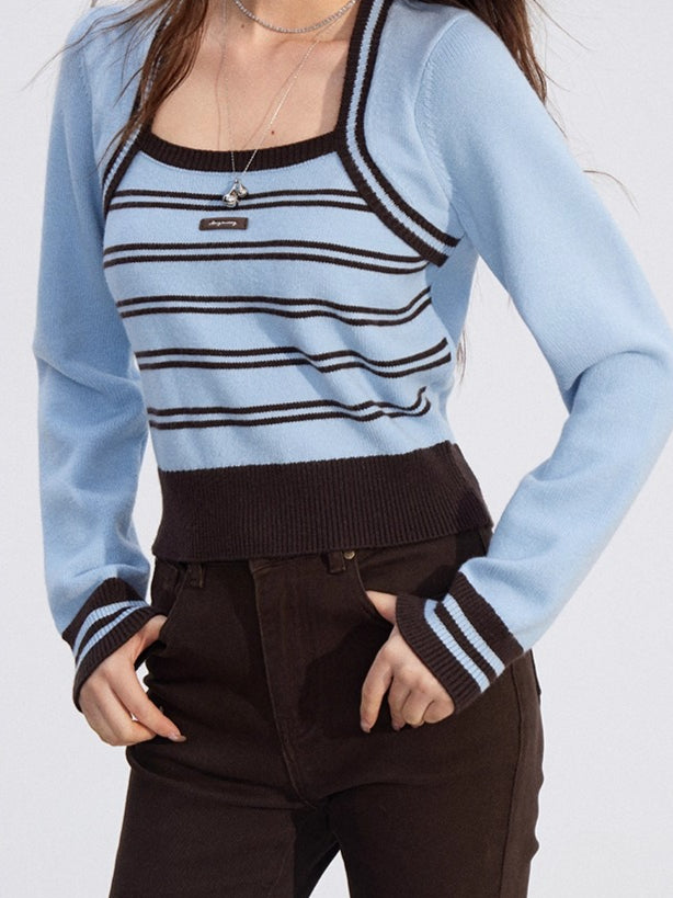 Vintage Square-Neck Layered Knit Blouse