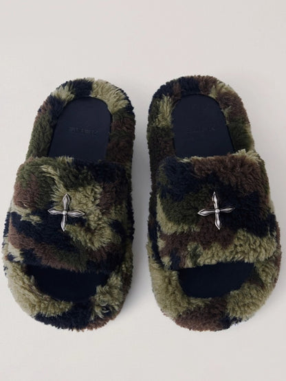 Cross Relic Shearling Heel Mules