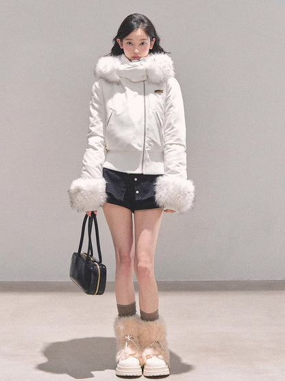 Faux Fur White Duck Down Puffer Jacket