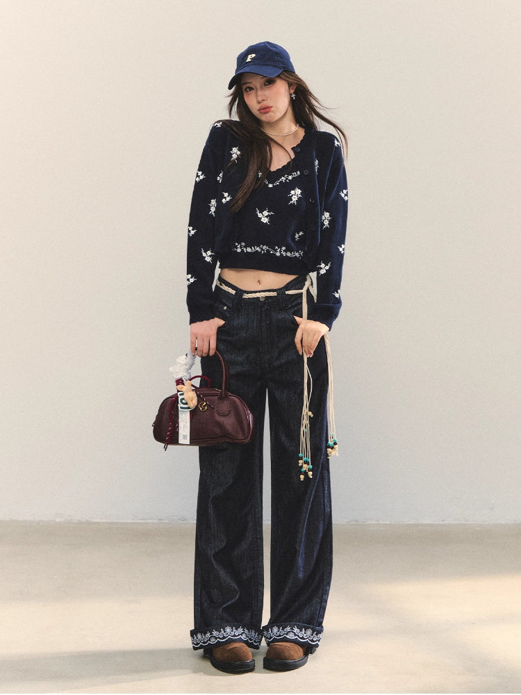 Navy Blue Floral Embroidery Knitted Cardigan