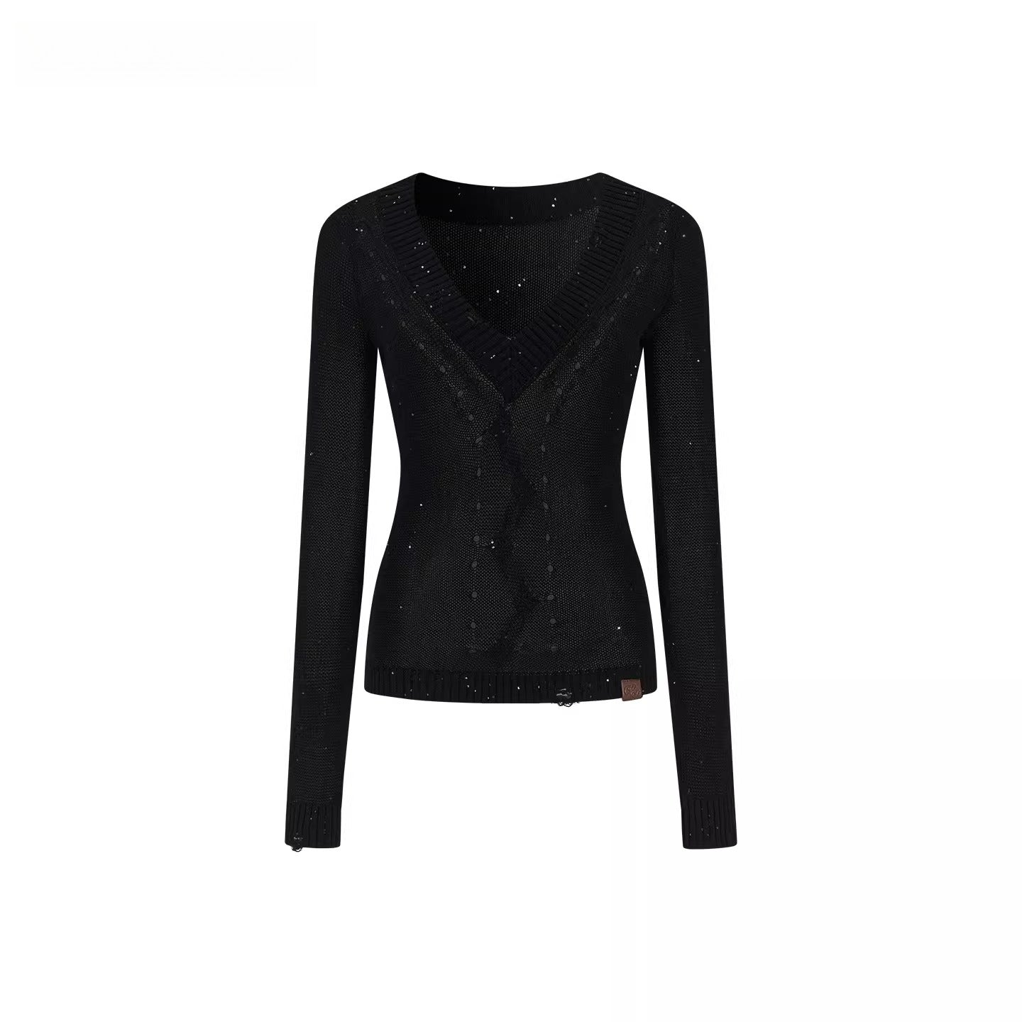 Distressed Openwork V-Neck Knit Top