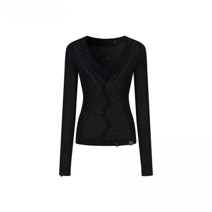 Distressed Openwork V-Neck Knit Top