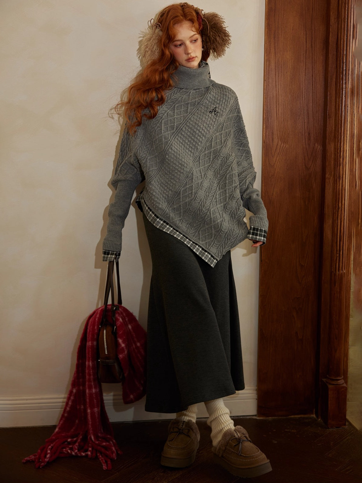 Plaid Patchwork Batwing Knit Turtleneck