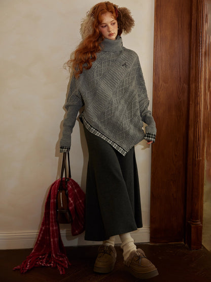 Plaid Patchwork Batwing Knit Turtleneck