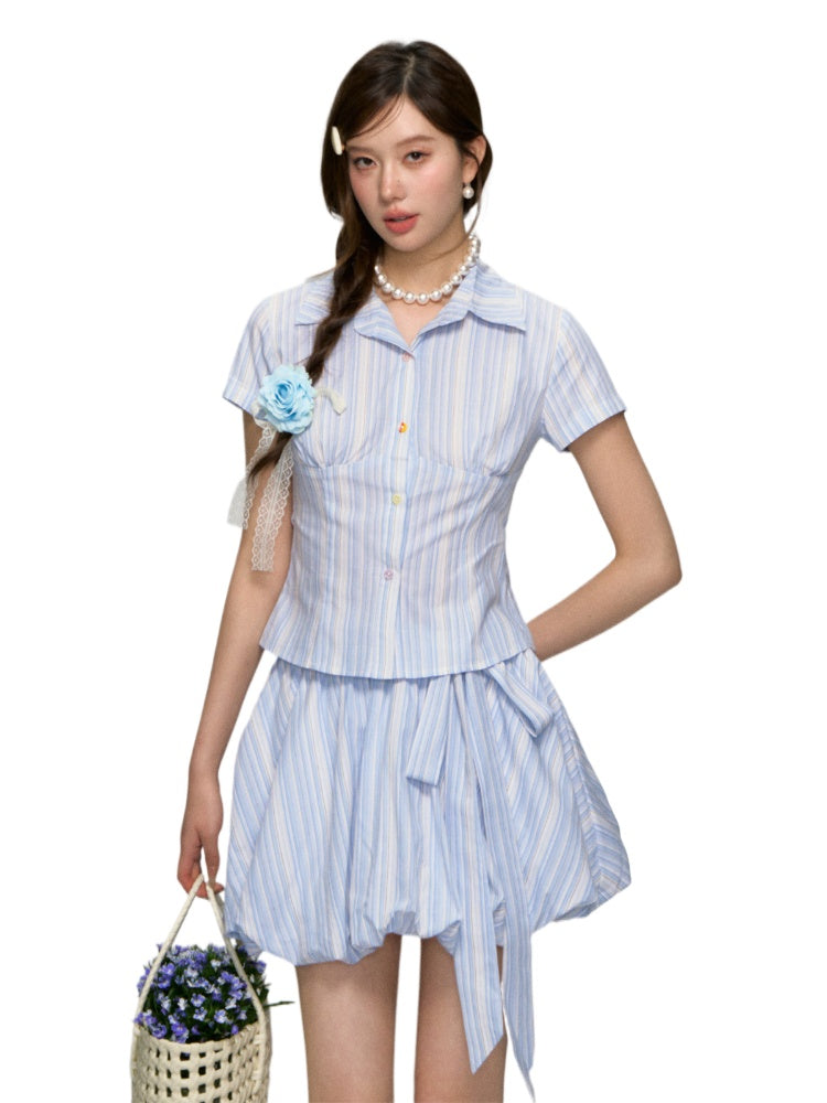 Colorful Buttons Striped College - Style Shirt &amp; Skirt Set - CHINASQUAD