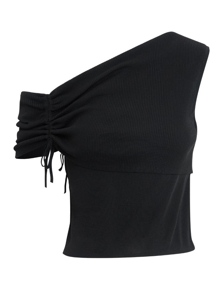 Asymmetric Drawstring Ruched One-Shoulder Blouse