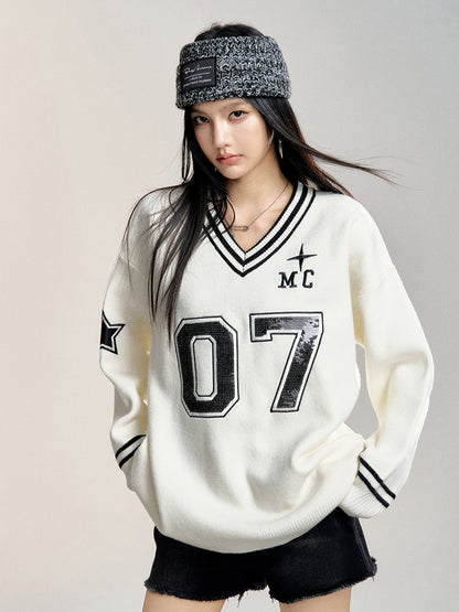 White &amp; Navy V-neck Baseball Sweater