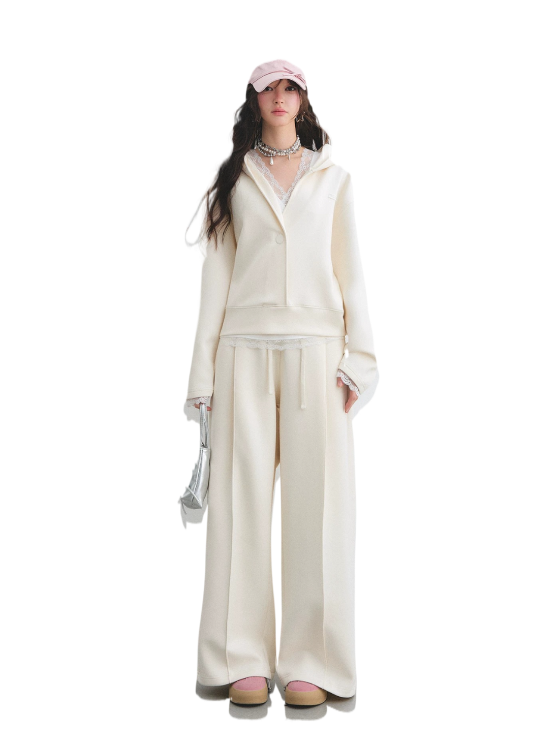 Lace Panel V-Neck Tank &amp; Hoodie Wide-Leg Sweatpants Three-Piece Set