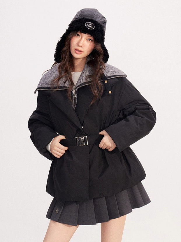 Belted Contrast-Knit Collar Down Coat