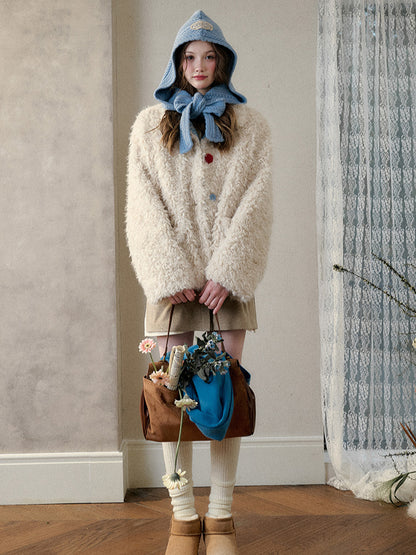 Cream Strawberry Gray-Blue Fur Jacket